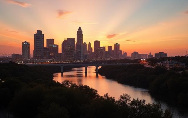 Austin, Texas skyline at golden hour with reflections on the Colorado River.