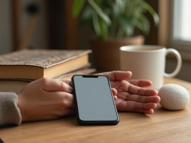 A person's hands placing a smartphone face down on a rustic wooden table, next to a stack of books and a warm cup of coffee, signifying a digital detox.