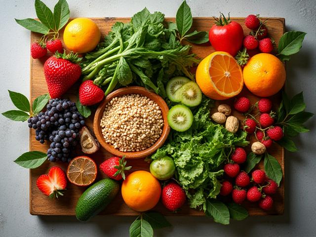 Fresh, vibrant healthy food ingredients arranged artfully on a wooden board.