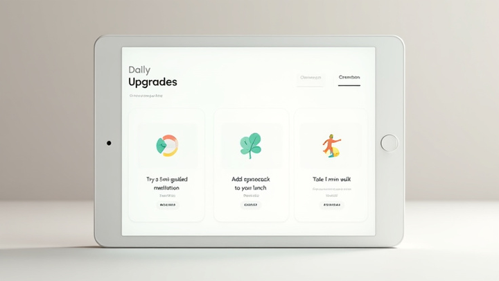 Stone Hearth personalized dashboard showing daily upgrades for meditation, nutrition, and walking