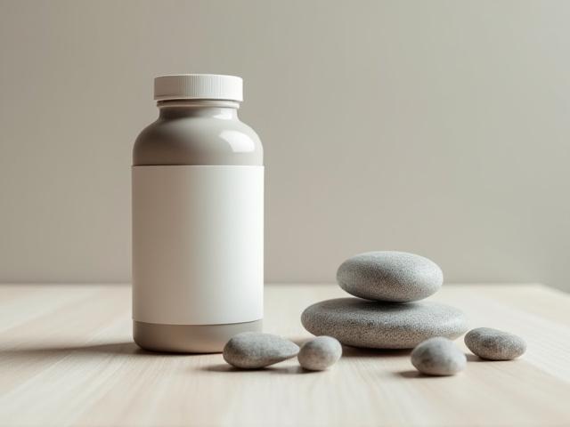 Bottle of Magnesium L-Threonate supplements next to a polished grey stone.